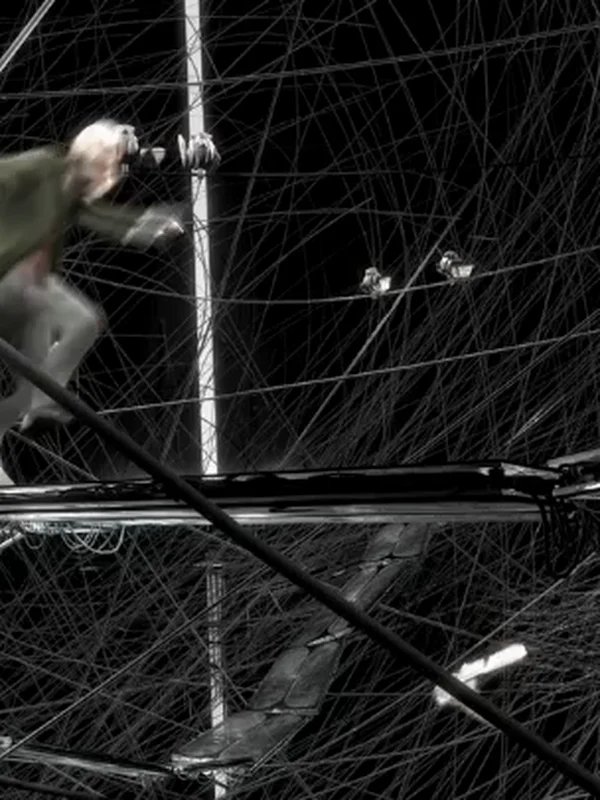 Cinematic film still — wireframe room